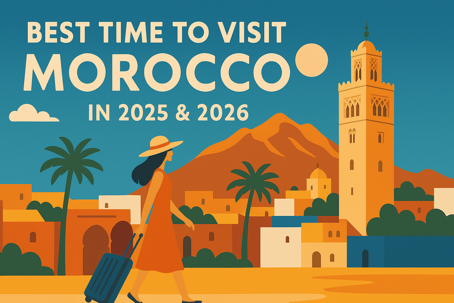 Best time to visit Morocco in 2025 and 2026 – woman traveler in Marrakech with mountain and mosque view