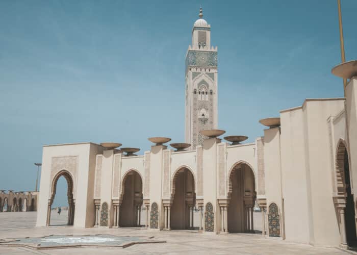 Hassan II Mosque in Casablanca Morocco with ornate arches and tall minaret