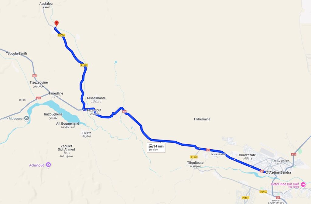 Driving route map from Ouarzazate to Ait Benhaddou Morocco via N9 and P1506