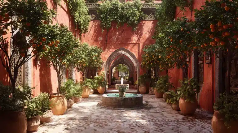 Traditional Moroccan riad courtyard with central fountain and potted plants in Marrakech