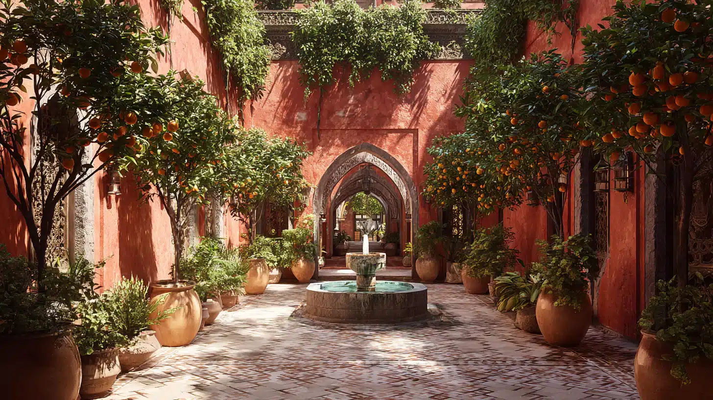 Traditional Moroccan riad courtyard with central fountain and potted plants in Marrakech