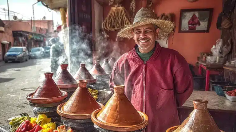 Moroccan street food vendor cooking steaming tagines outdoors in Ifrane