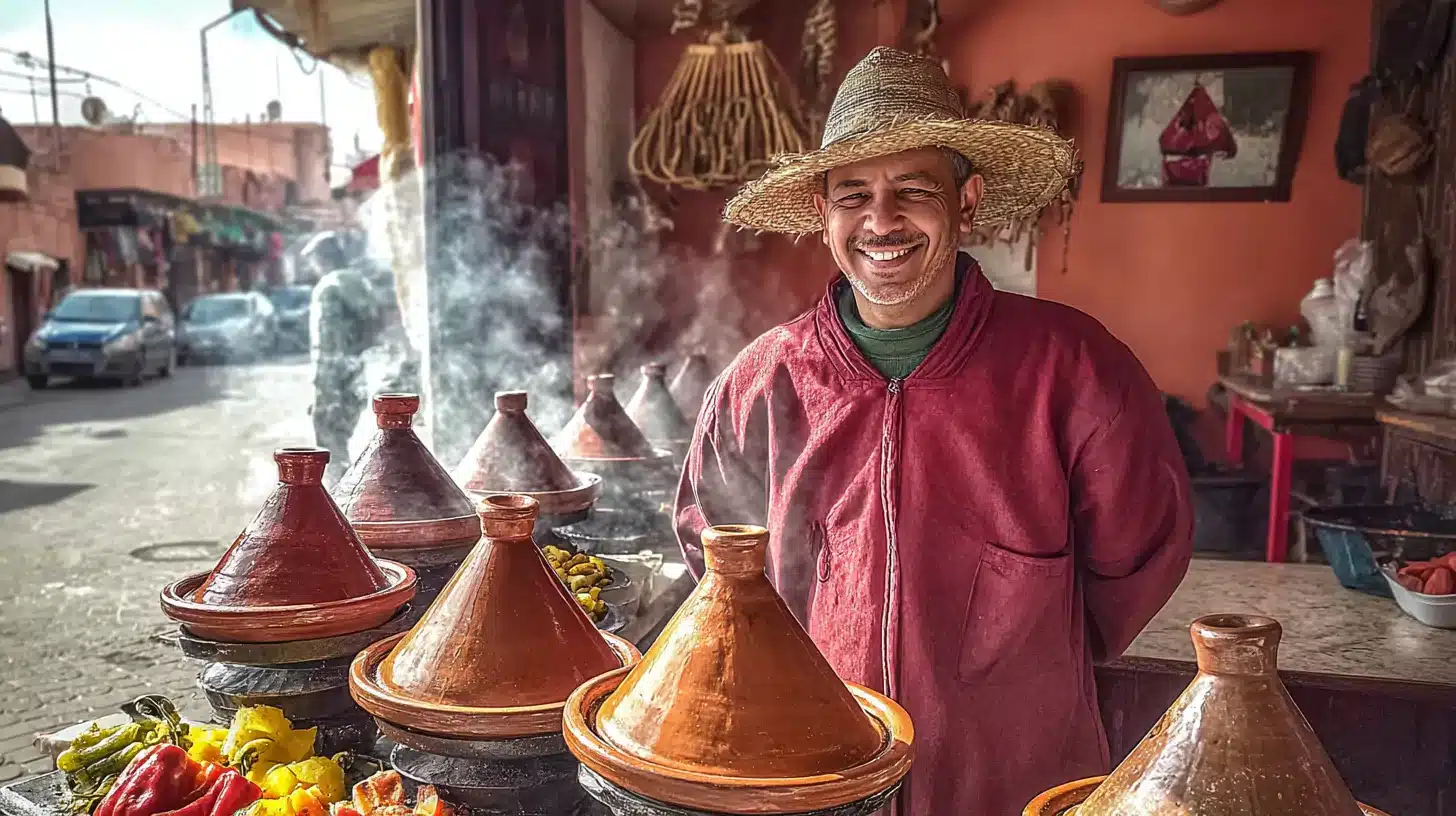 Moroccan street food vendor cooking steaming tagines outdoors in Ifrane