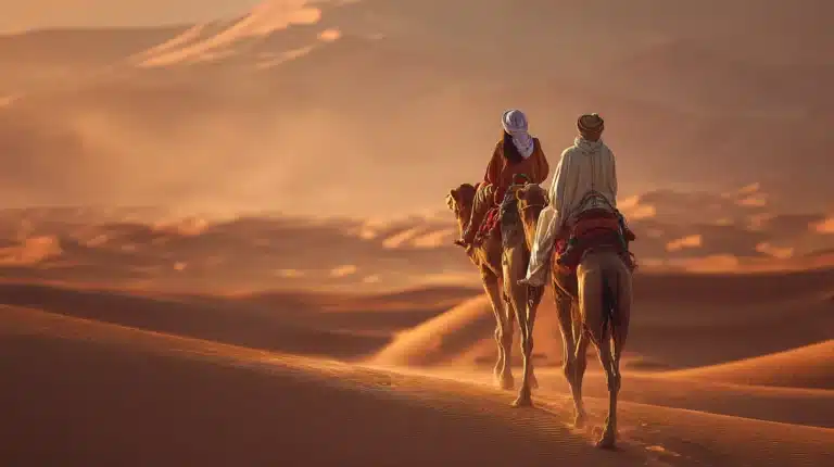 Couple on a Sahara camel trek during Morocco private tours at golden hour
